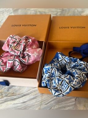 Louis Vuitton Pink & Blue Monogram Silk Scrunchie Duo (set of 2)